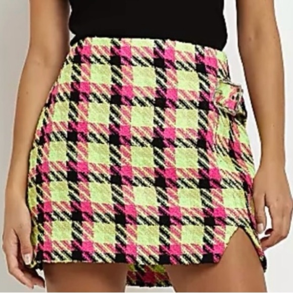 River Island Skirts River Island Lime Green Pink Check Boucle